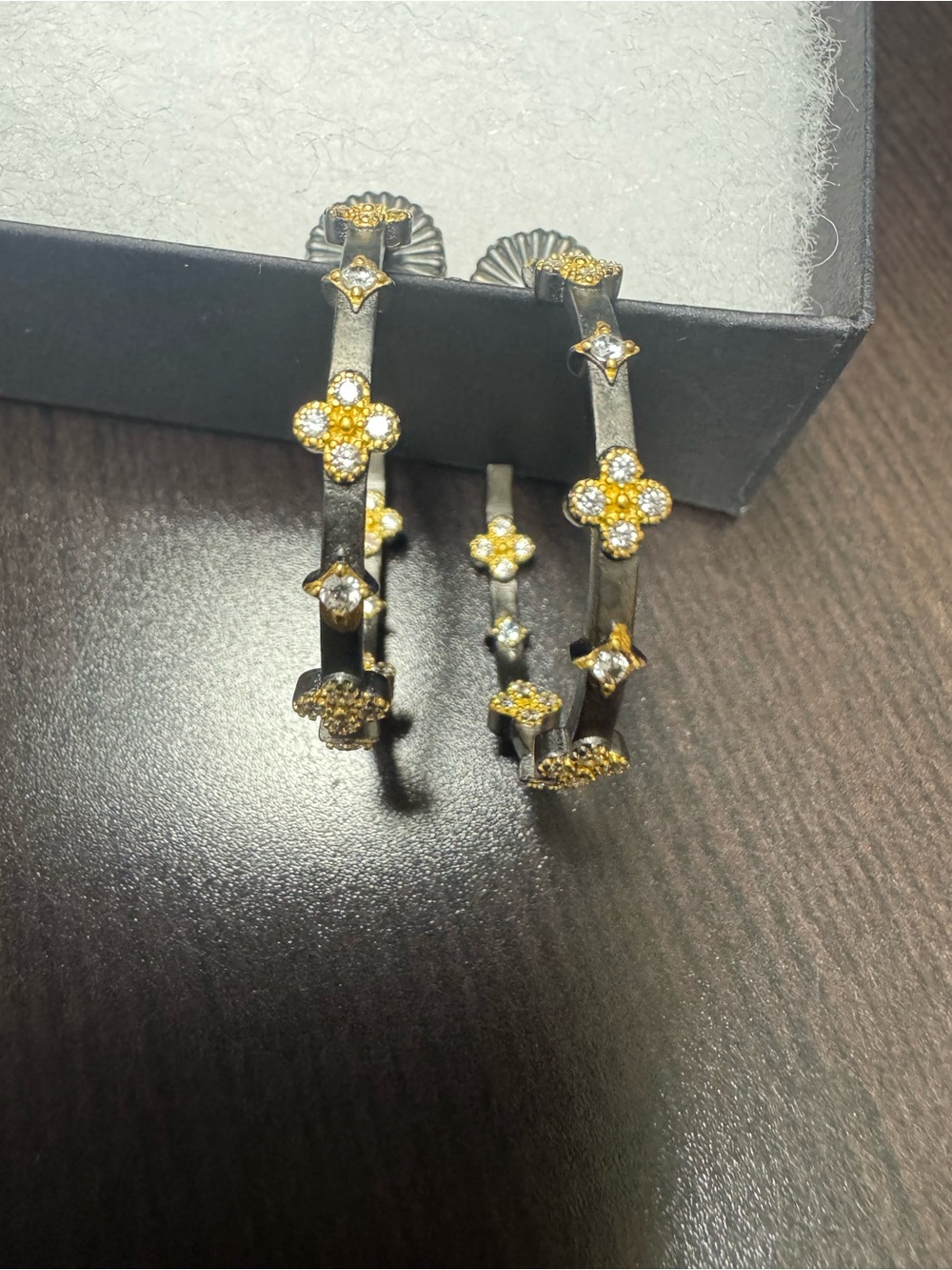Pair of Black & Gold Tone Freida Rothman Inside/Out Medium Hoops -New